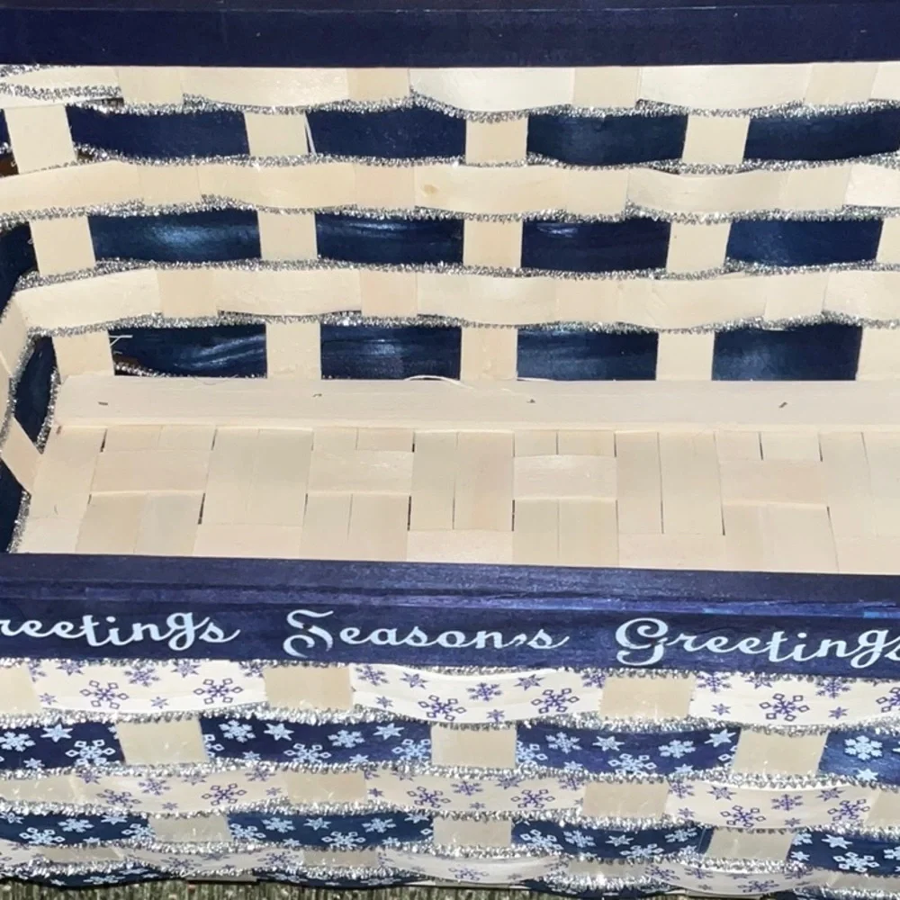 Holiday SEASONS GREETINGS Blue, Ivory, Silver Rectangular Wicker Basket handles